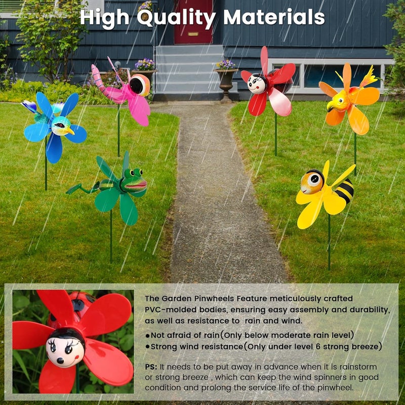 DECEED 6 Pack Garden Decor Pinwheels Wind Spinners with Metal Stakes Colorful 3D Insect Whirligigs Windmill Outdoor Pinwheel for Yard Garden Lawn Decorations - Image 5